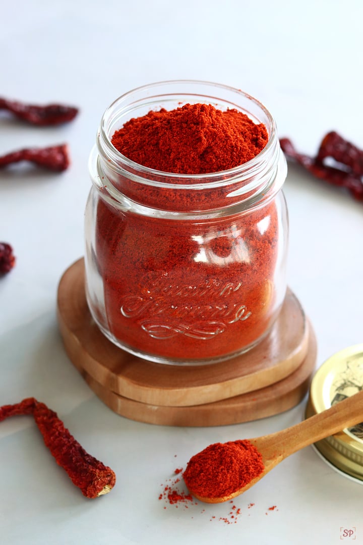 red chili powder in a glass bottle