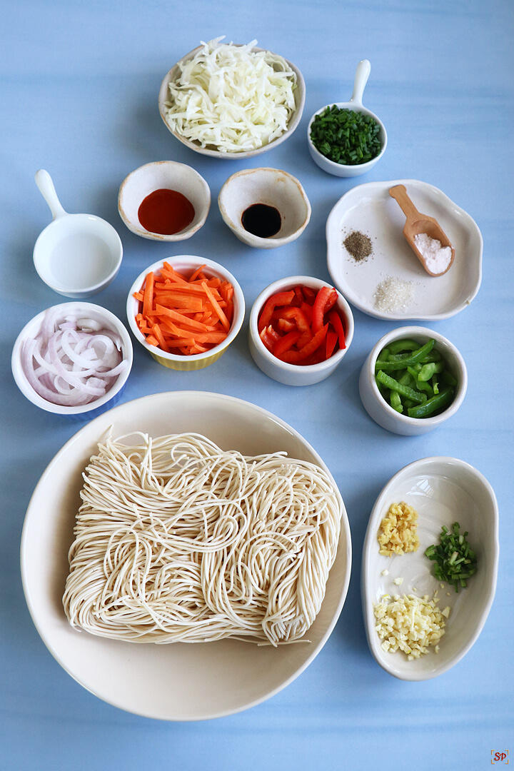 a display of ingredients for making noodles