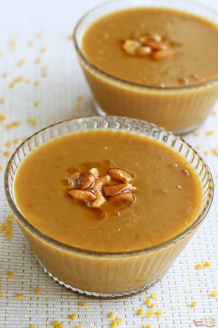 Moong dal payasam served with cashew nuts fried in ghee