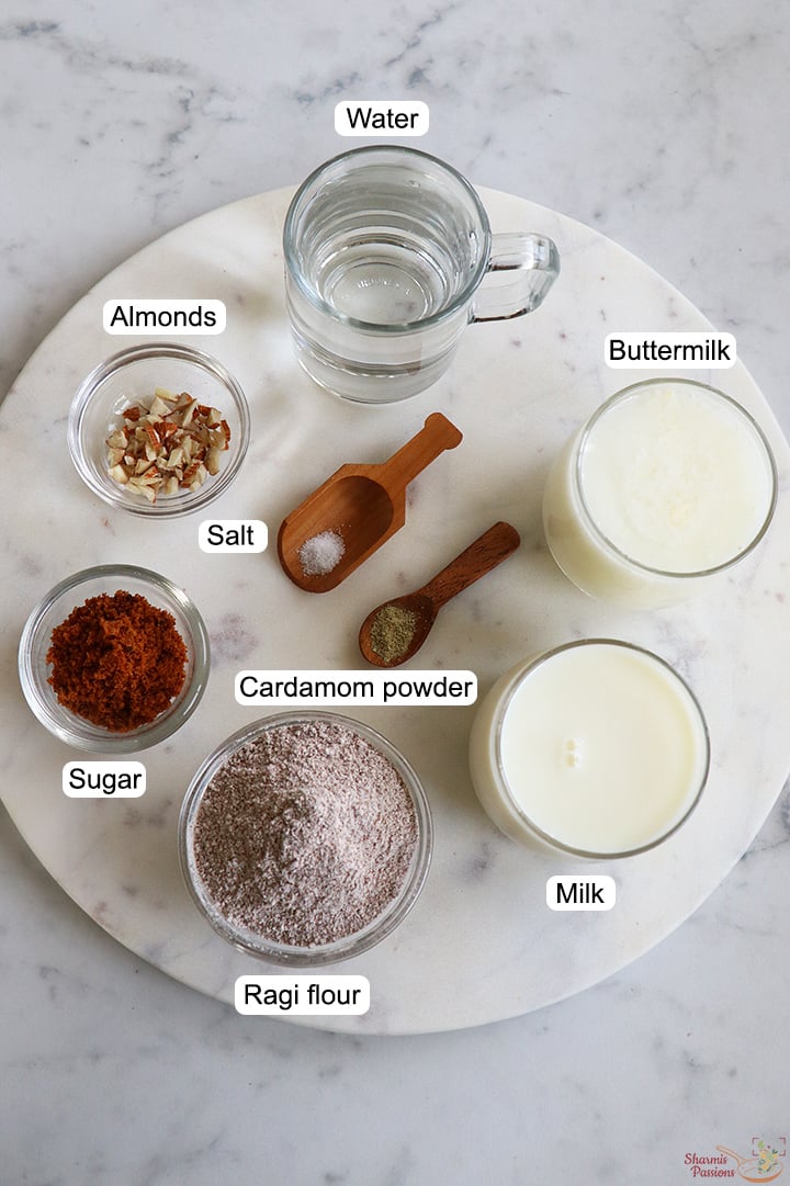 ingredients needed to make ragi malt and ragi porridge