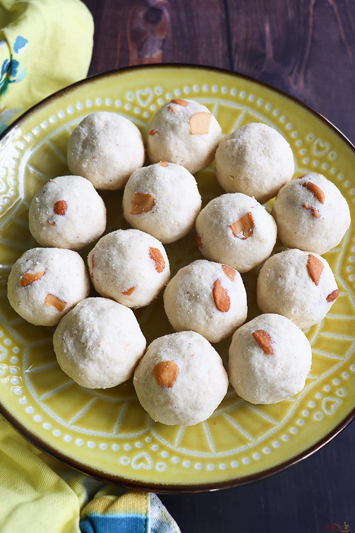 rava laddu served in a yello colour plate