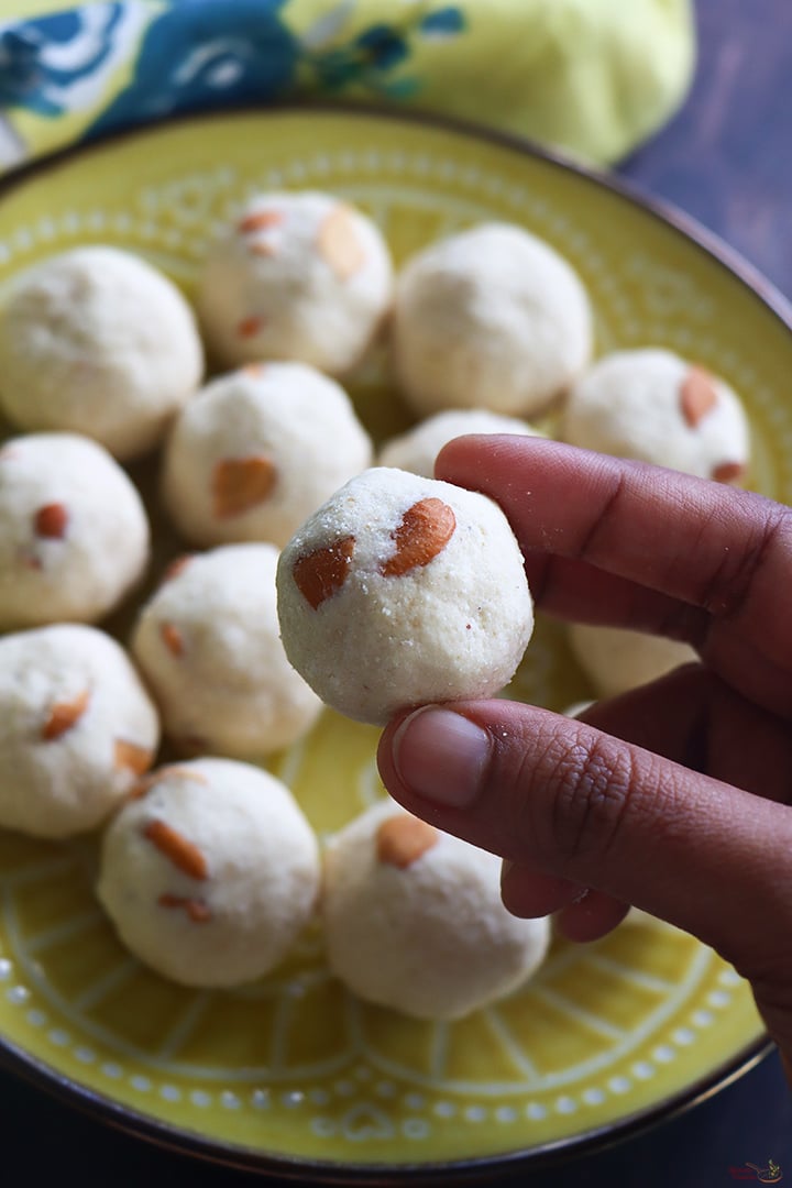 rava laddu served in a yello colour plate