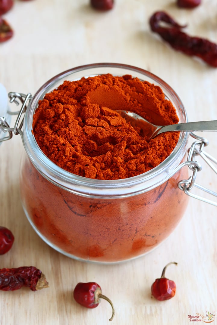 homemade kashmiri chili powder in a glass jar