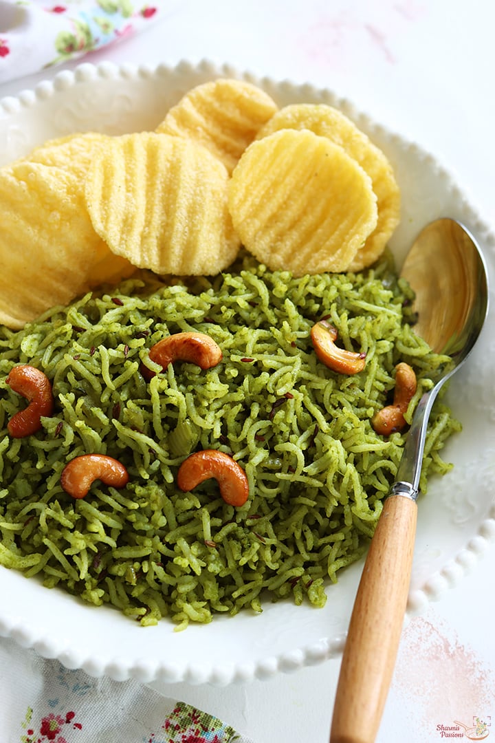 mint rice served with papad