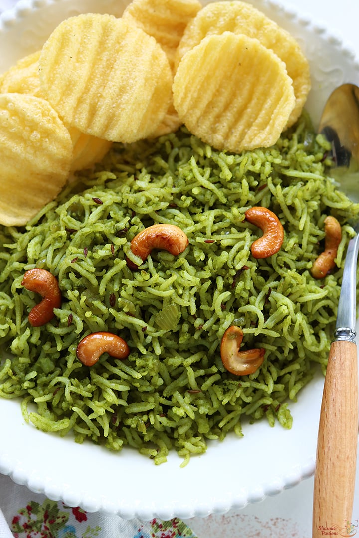 mint rice served with papad
