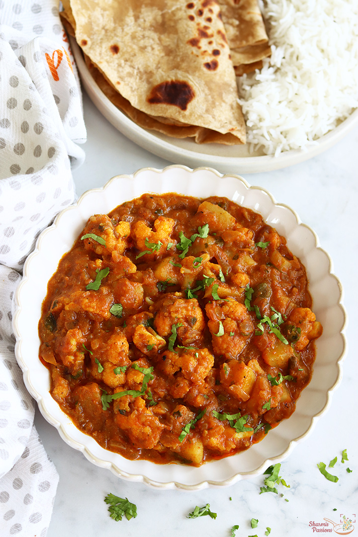 aloo gobi masala served with rice and roti